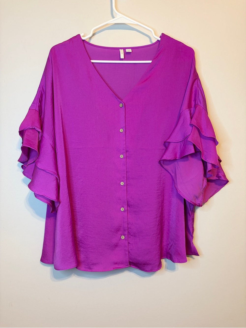 Cato Magenta V-Neck Button-Front Blouse with Ruffle Sleeves - Picture 2 of 5